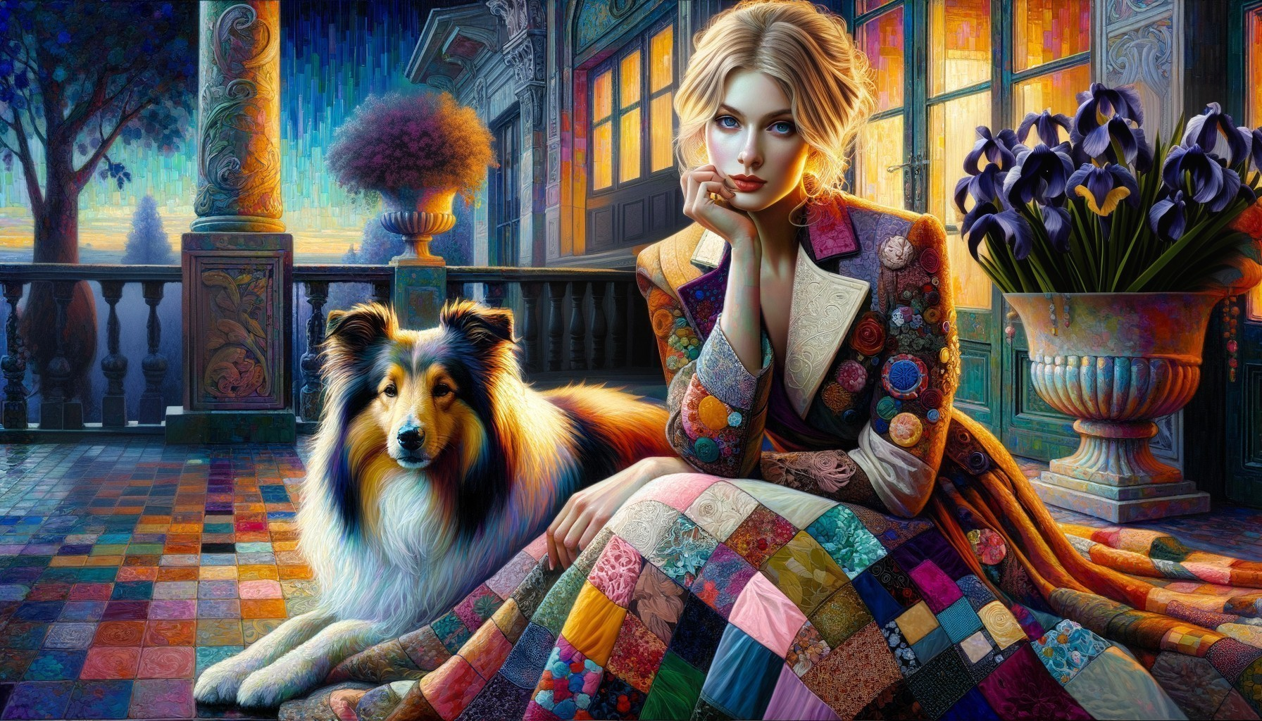 Young Woman with Collie on Colorful Quilted Fabric
