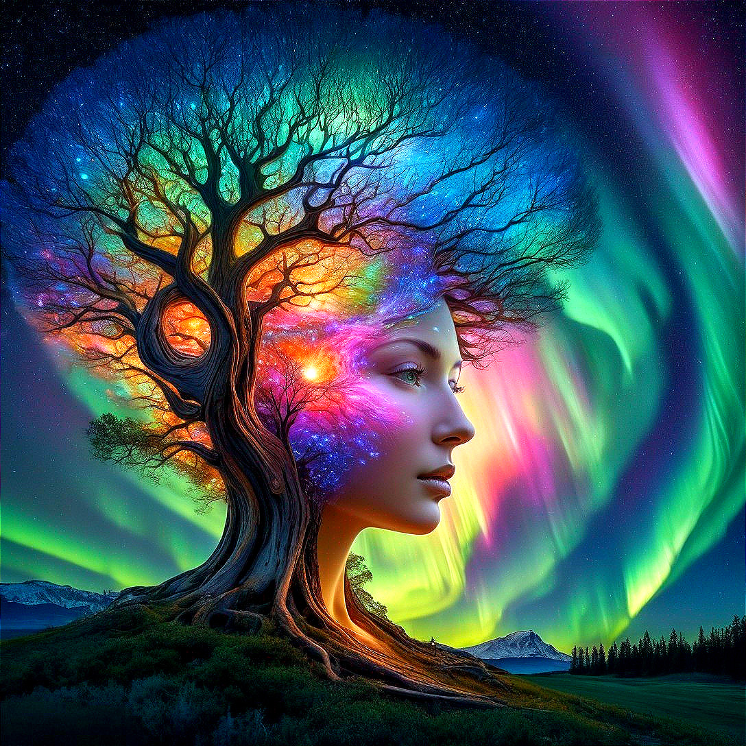 Surreal Scene of Tree and Northern Lights Harmony