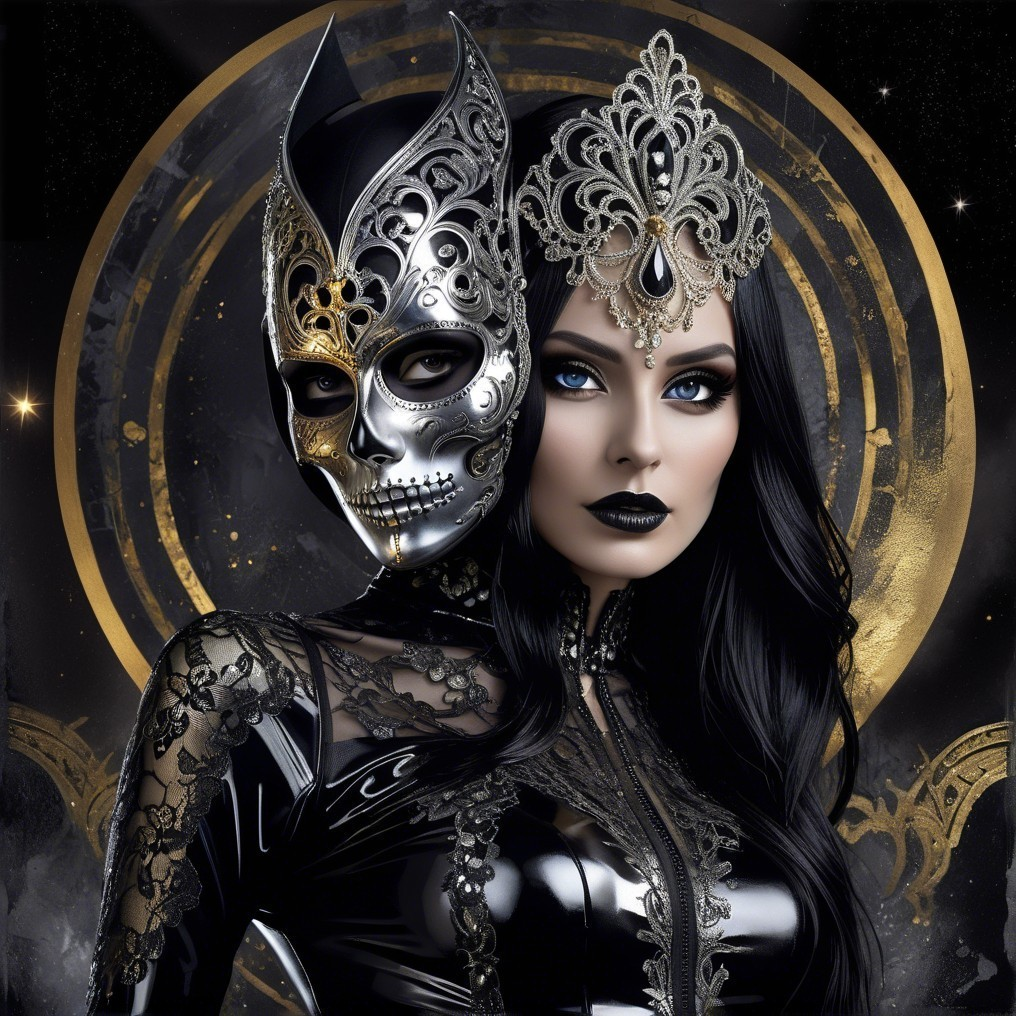 Striking figure in black corset with skull mask