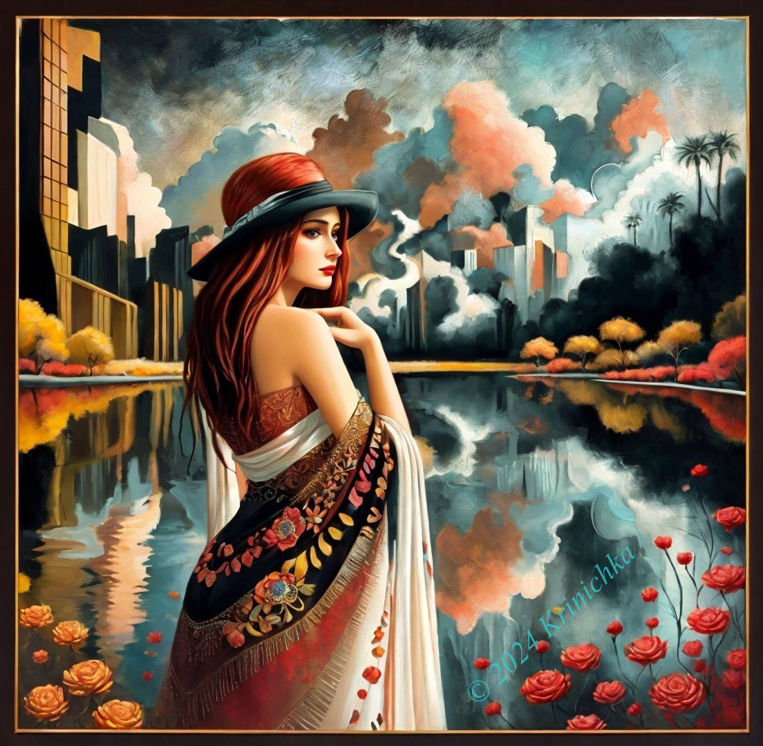 Woman by Lake with Flowers and City Skyline Background