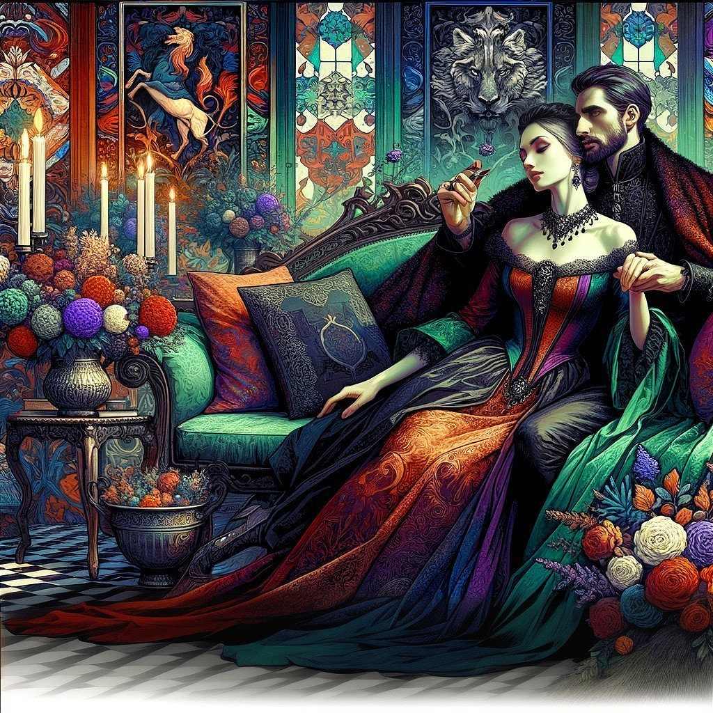 Medieval-style illustrated couple in ornate attire in opulent room.