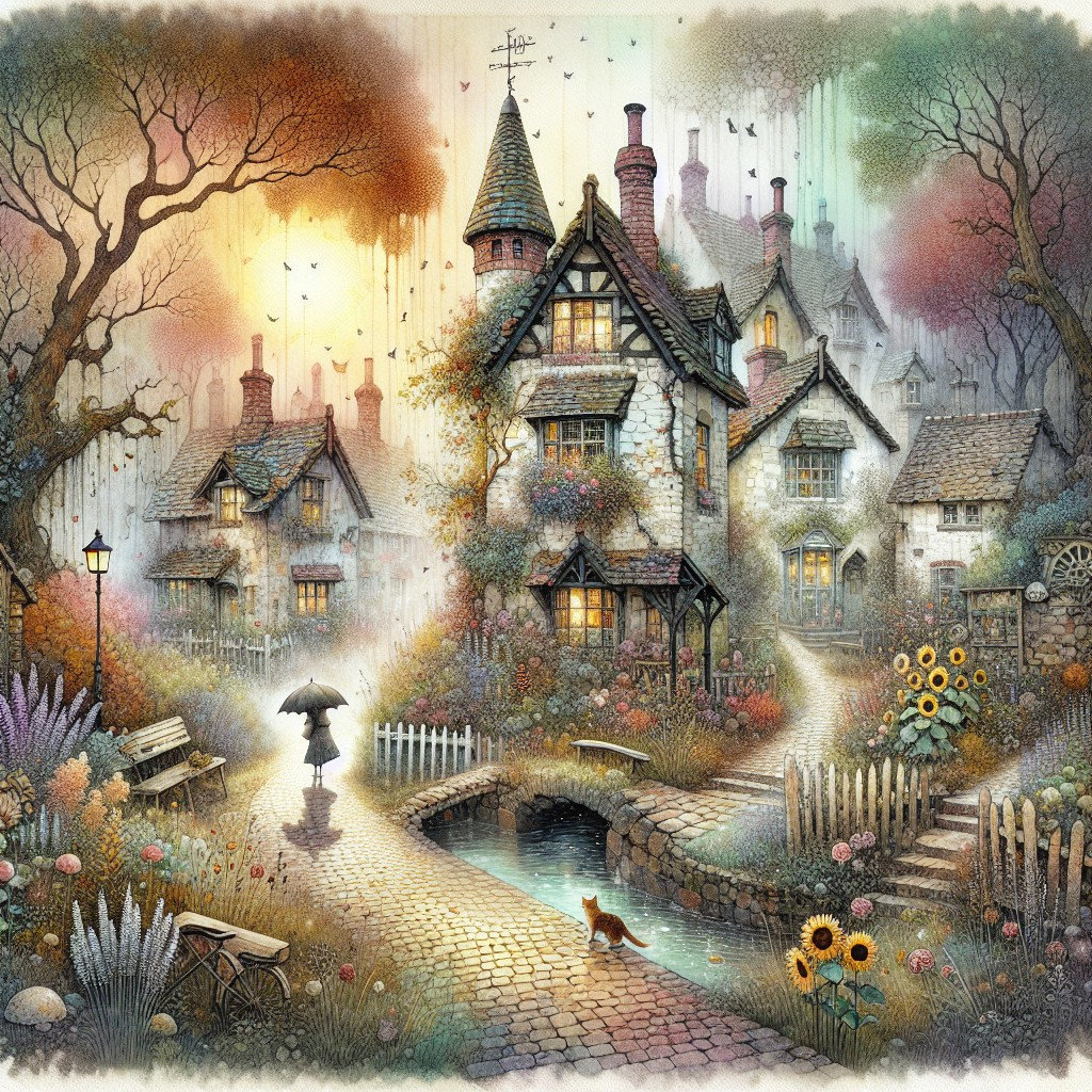 Whimsical Village Scene at Twilight with Cottages