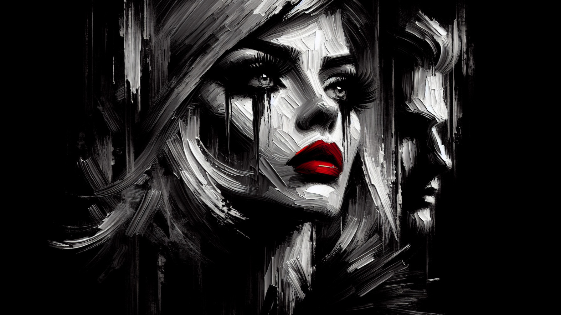 Abstract Portrait of a Woman with Red Lips and Tears