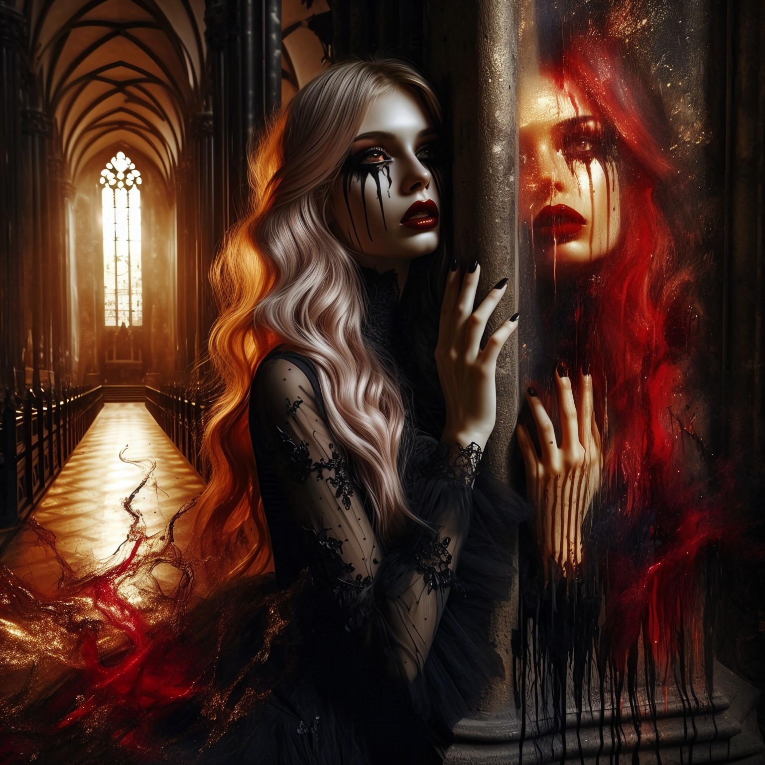 Gothic Cathedral Scene with Haunting Figures and Shadows