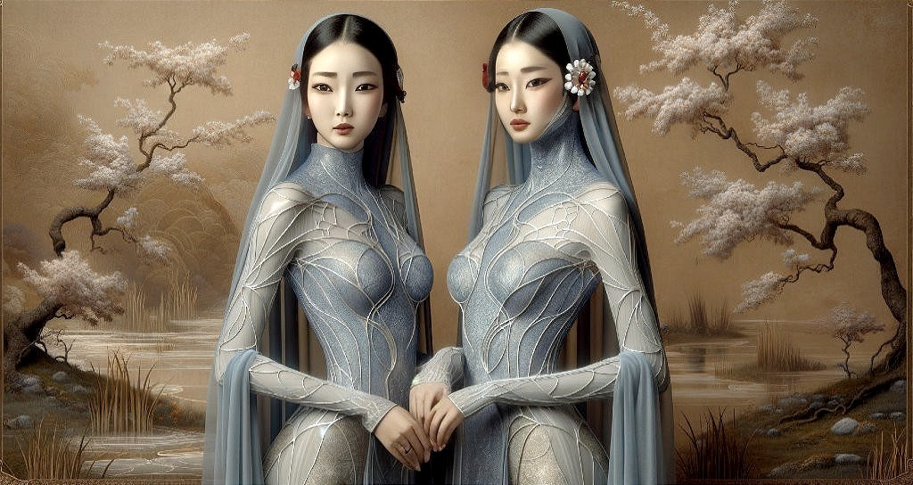 Symmetrical Figures in Shimmering Blue Garments