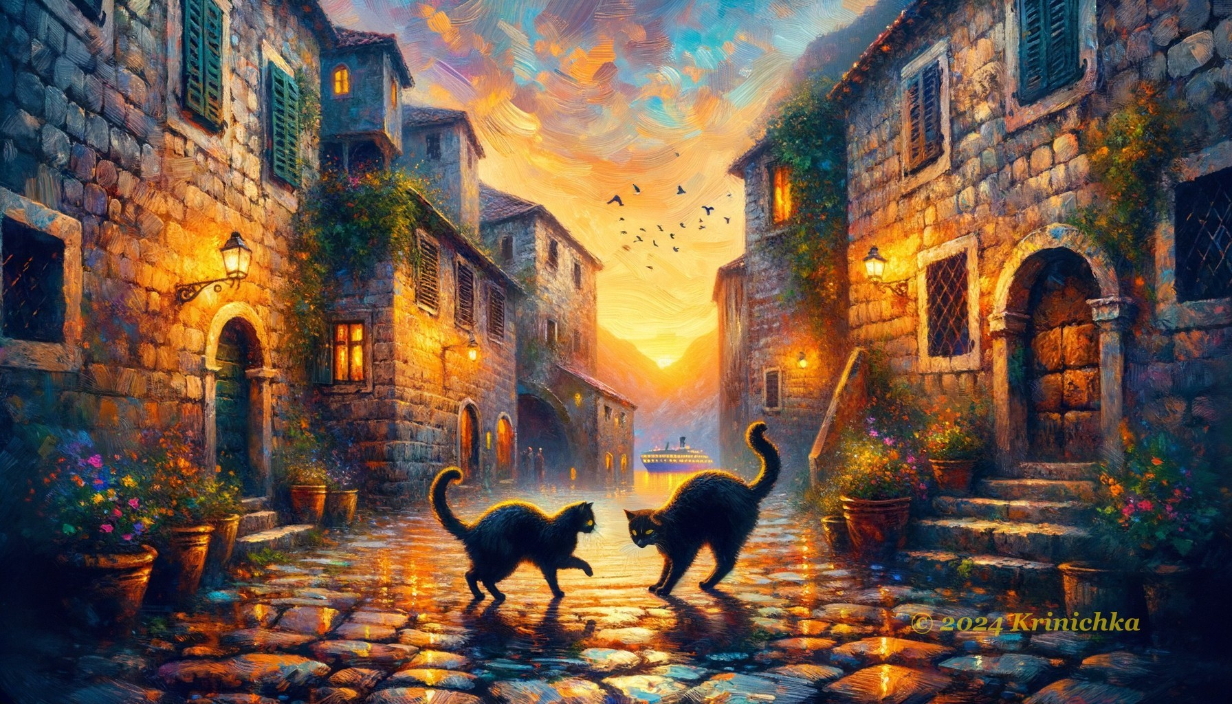 Twilight Scene of Cobblestone Street with Cats