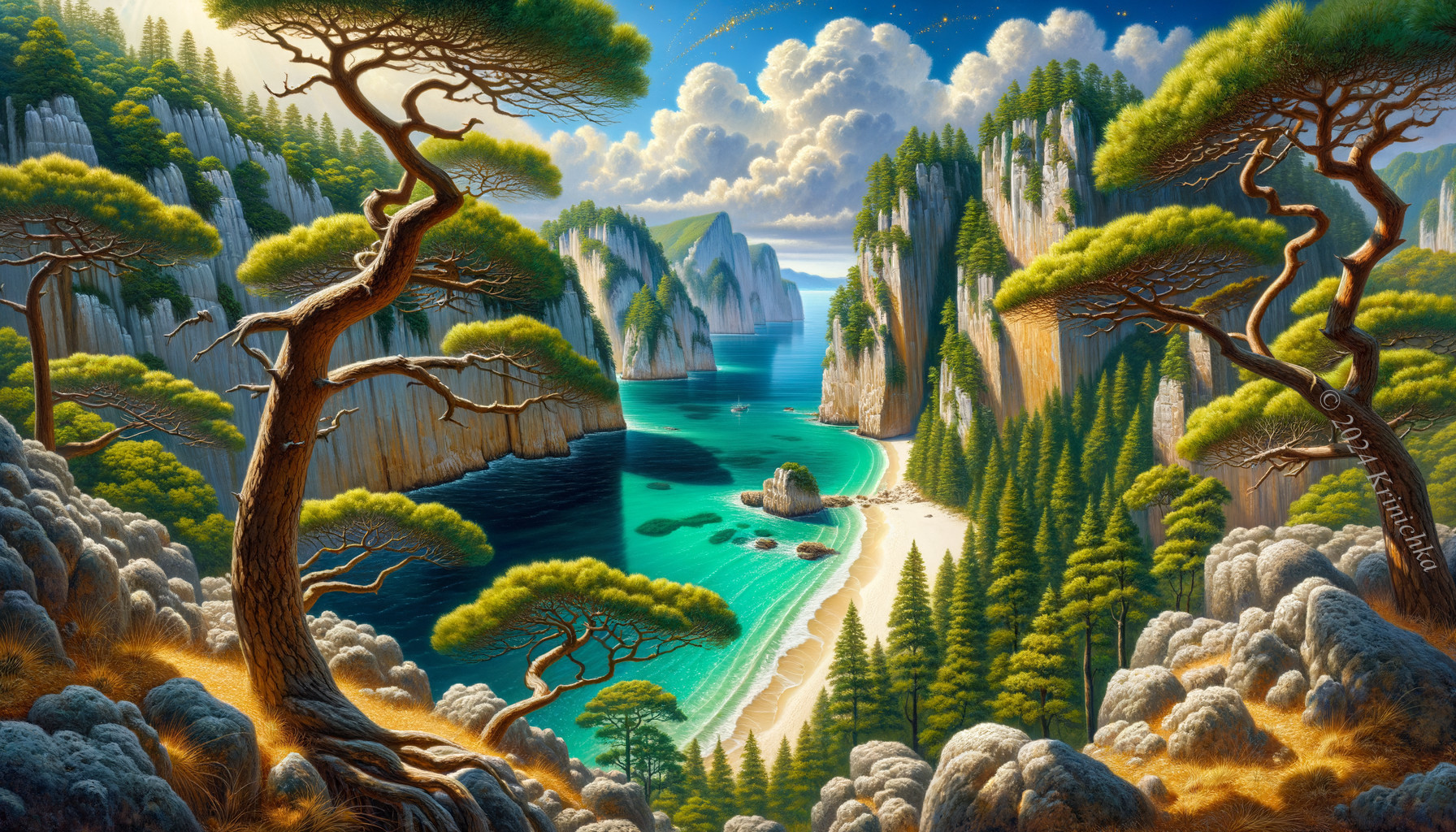 Serene Coastal Landscape with Pine Trees and Cliffs