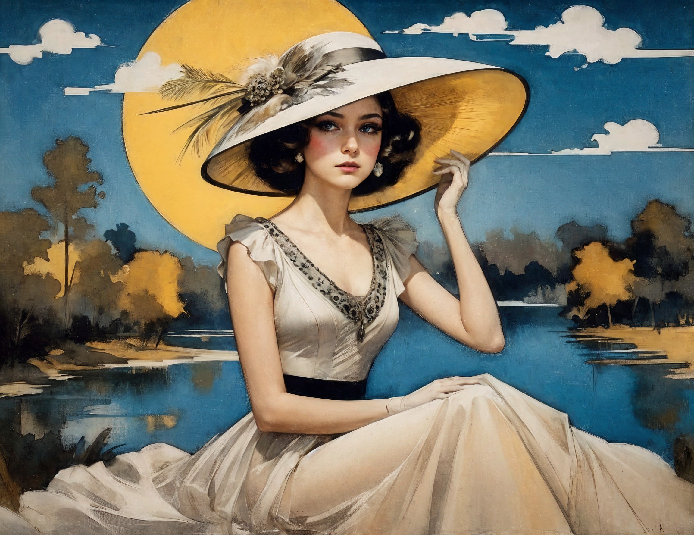 Elegant Woman in Vintage Dress by Tranquil Lake