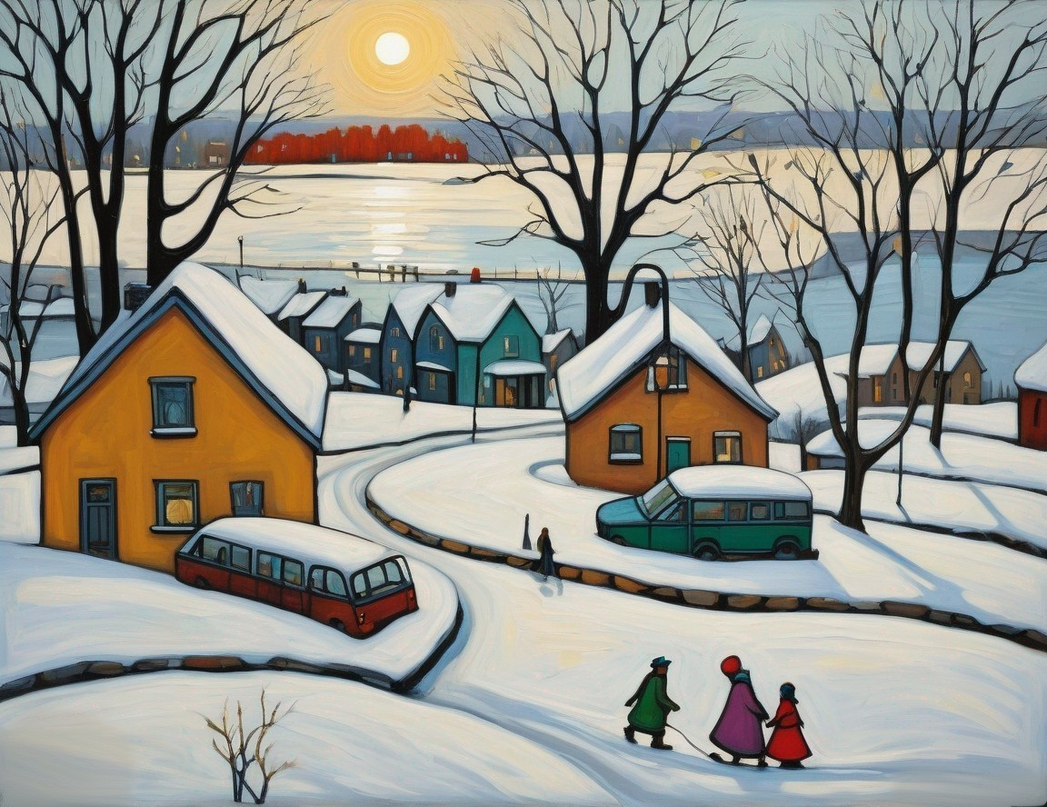 Colorful Winter Scene: Houses, Snow, Red Bus, People by Frozen Lake
