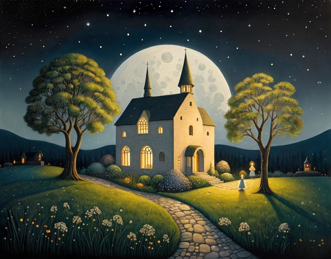 Whimsical Nighttime Scene with Moonlit Church and Trees