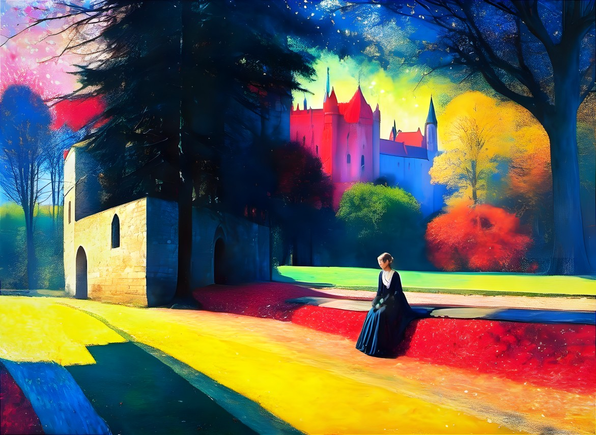 Colorful autumn scene: woman in black dress walking to castle amid vibrant trees under blue sky