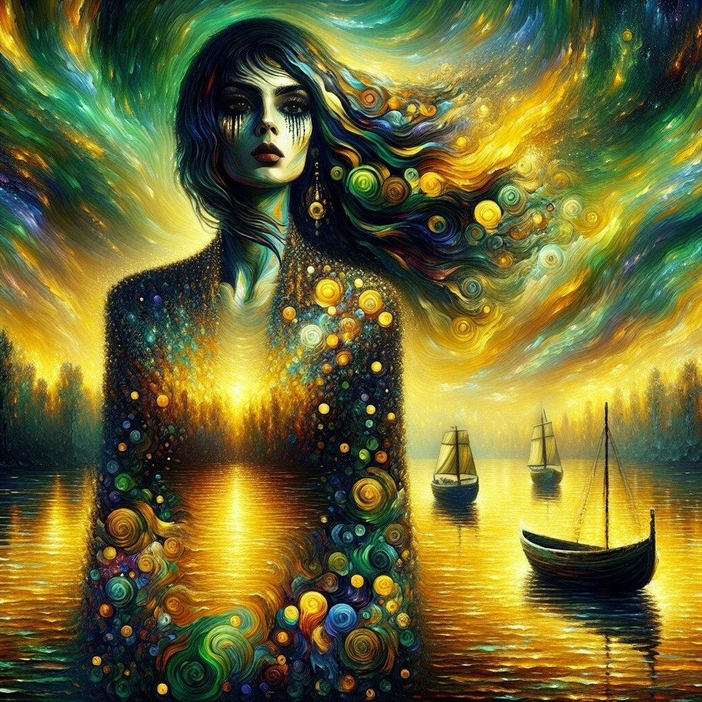 Vibrant Female Figure Amidst Colorful Swirls and Orbs