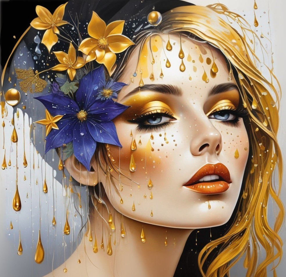 Illustration of woman with golden tears and floral adornments