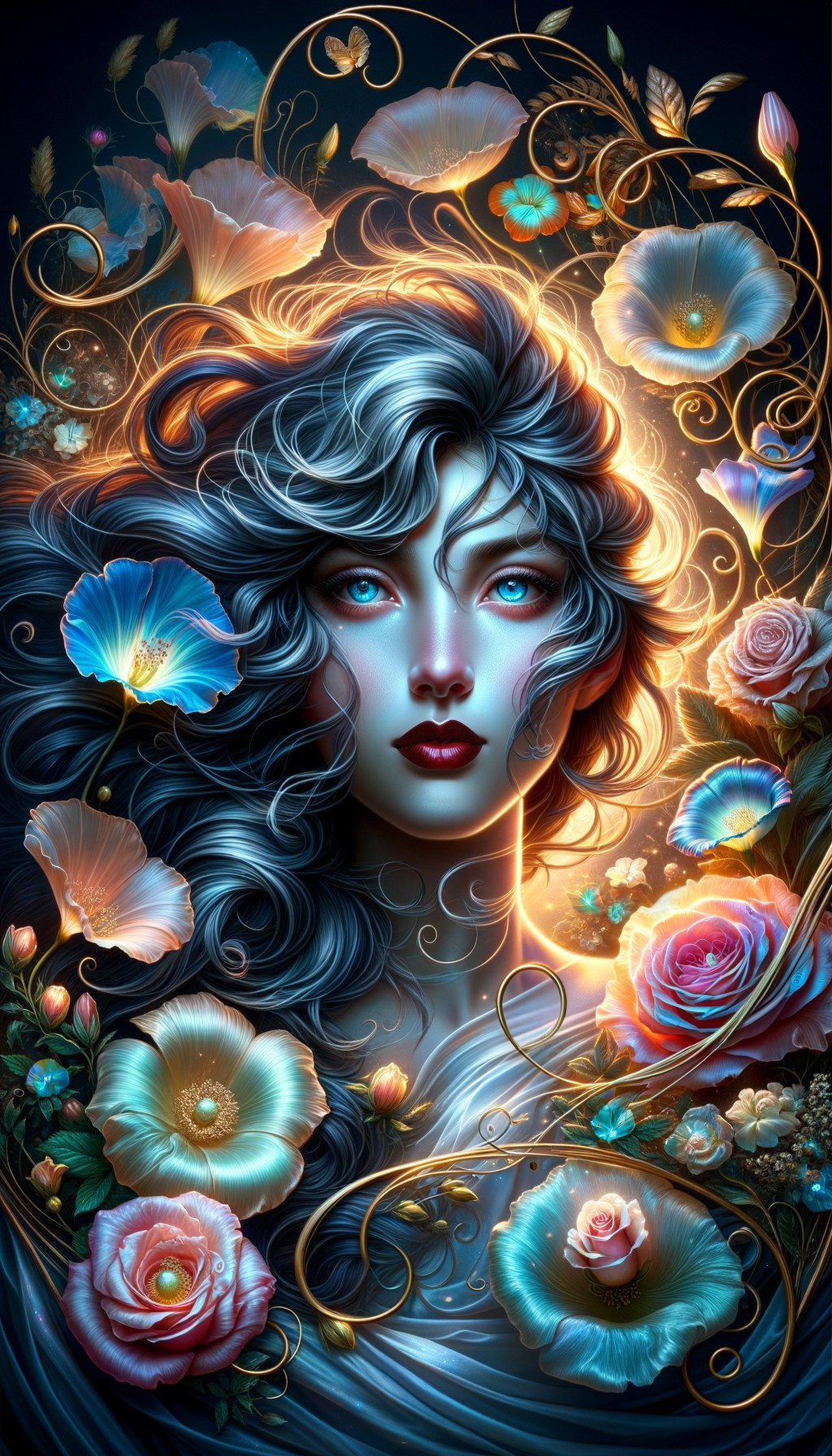 Vibrant Artwork of Woman with Floral Patterns and Glow