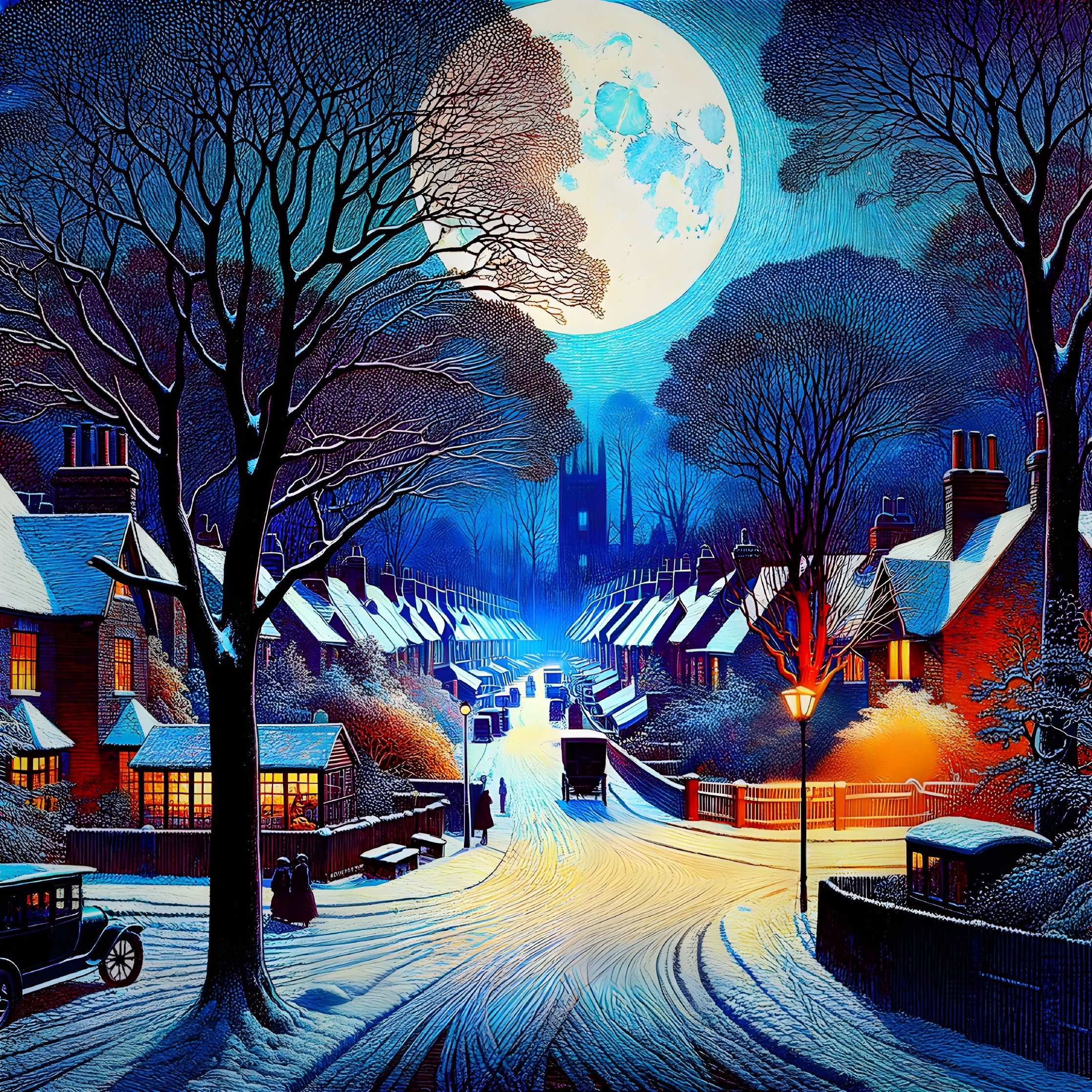 Snowy village at night: Full moon, bare trees, illuminated houses & vintage car
