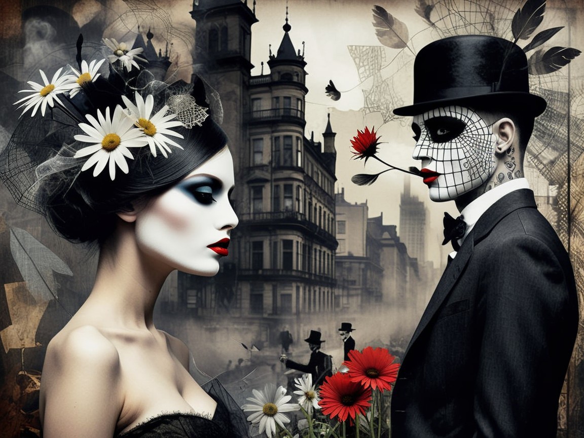 Mysterious Woman and Dapper Man in Gothic Cityscape