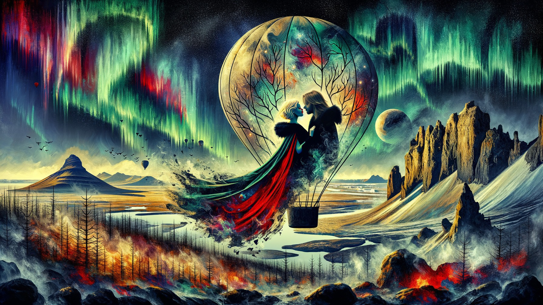 Couple in Hot Air Balloon Under Aurora Borealis