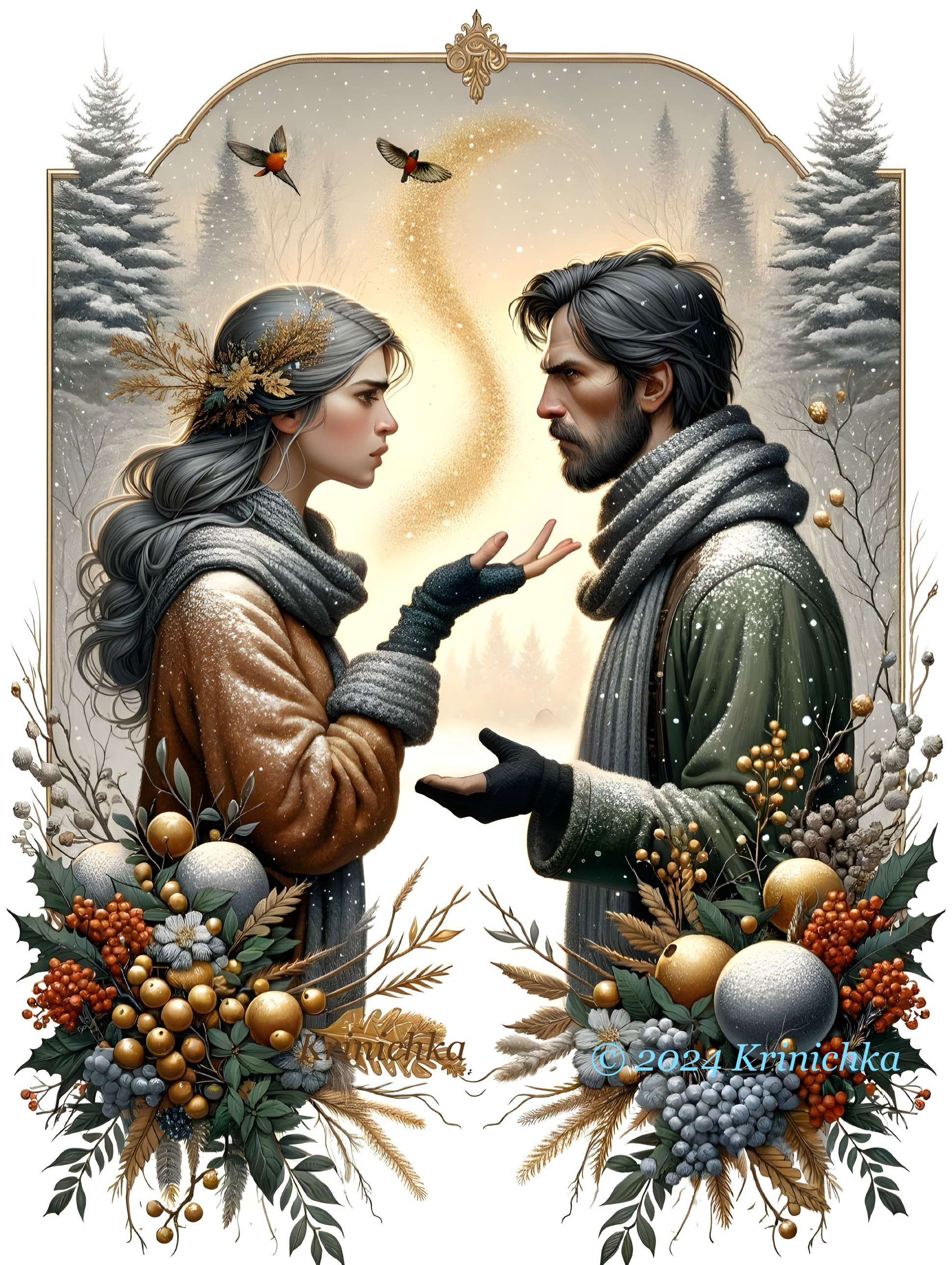 Man and woman in winter attire with festive foliage border and snowy landscape