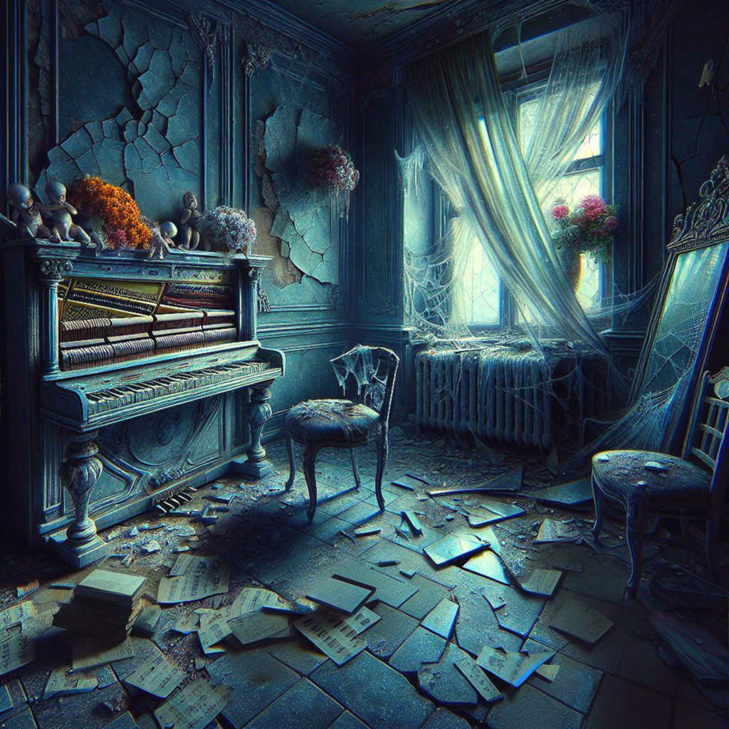 Abandoned Room with Grand Piano and Haunting Decor