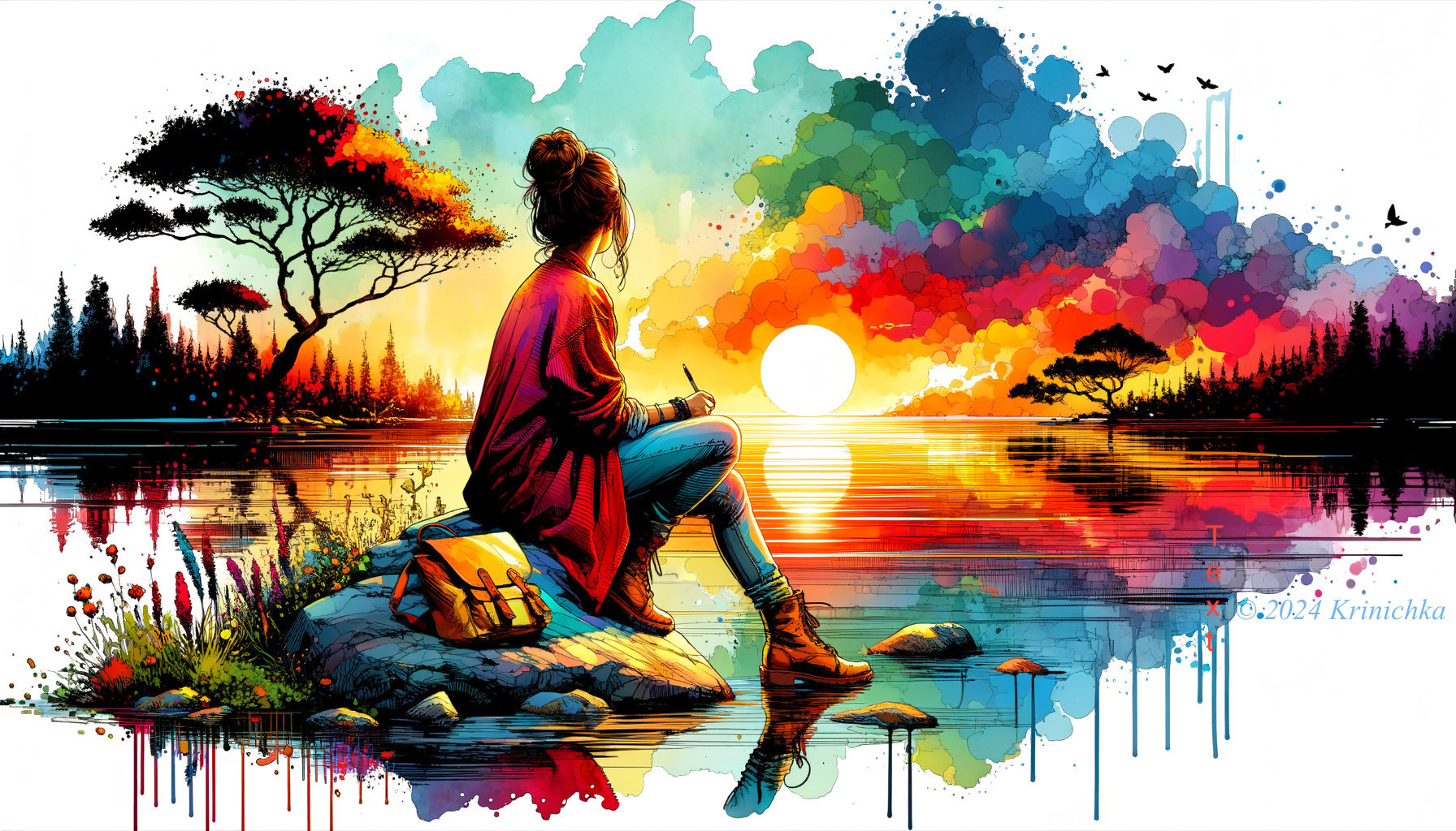 Young Woman by Vibrant Lake at Sunset Scene