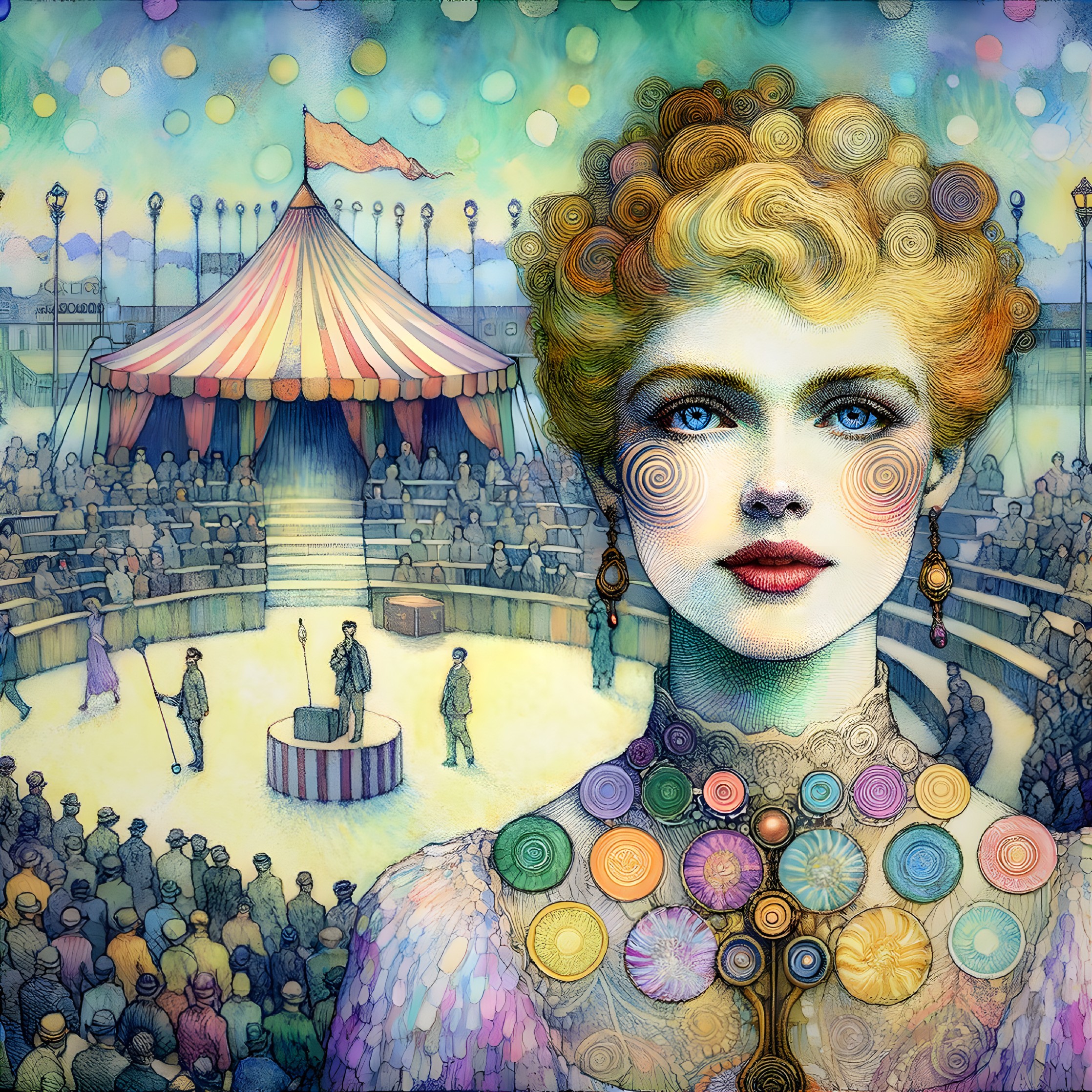Colorful Vintage Circus Woman Illustration with Intricate Patterns