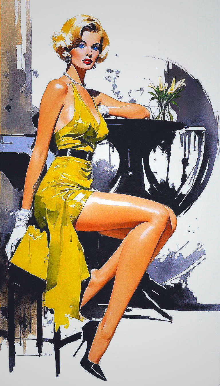 Stylized illustration of elegant woman in yellow dress posing confidently