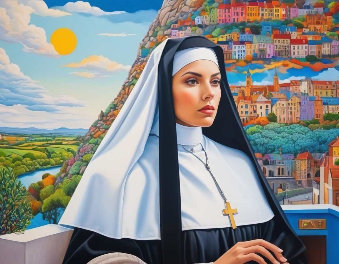 Serene Woman in Nun's Habit Amidst Vibrant Landscape