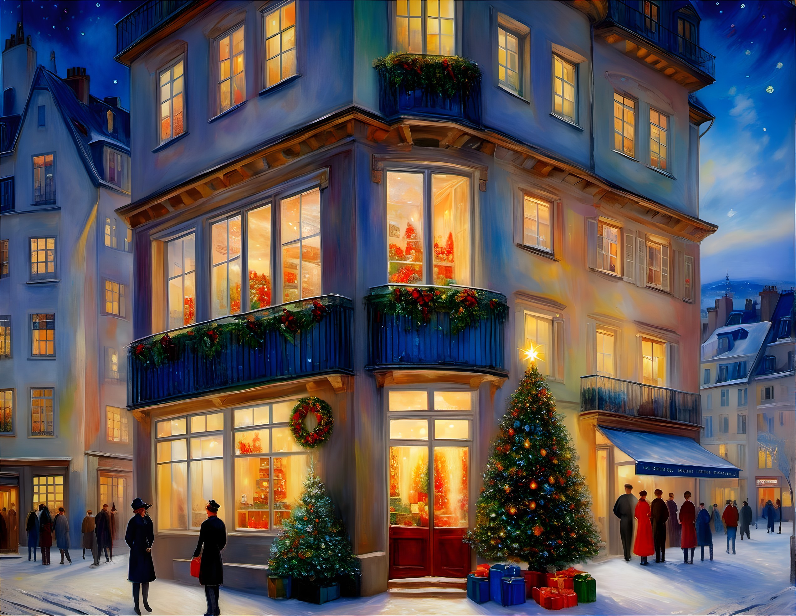 Festive corner building with Christmas decorations at twilight