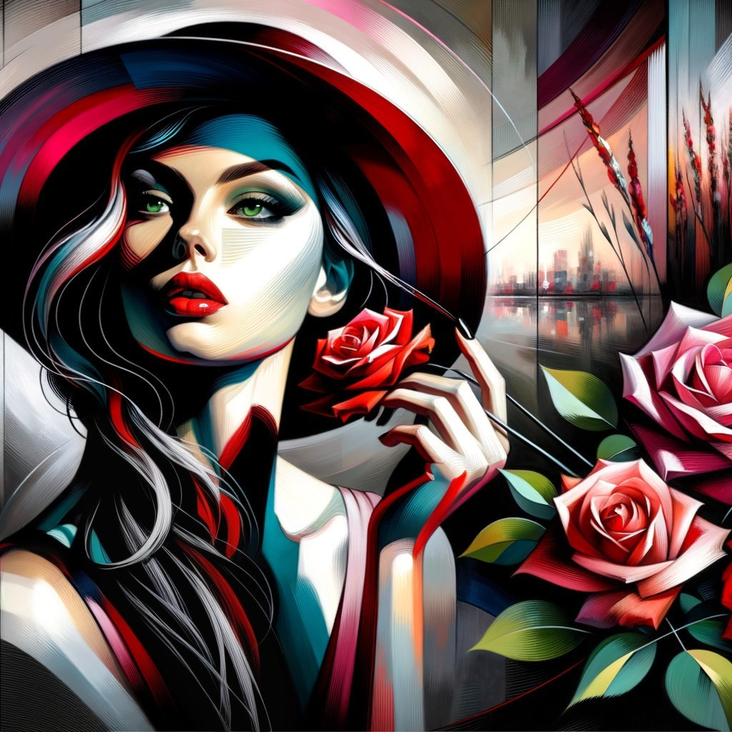 Stylized portrait of a woman with a rose and urban backdrop