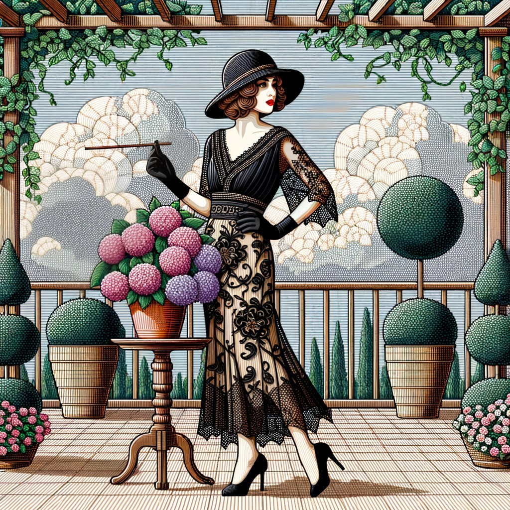 Elegant woman in vintage black lace dress on patio