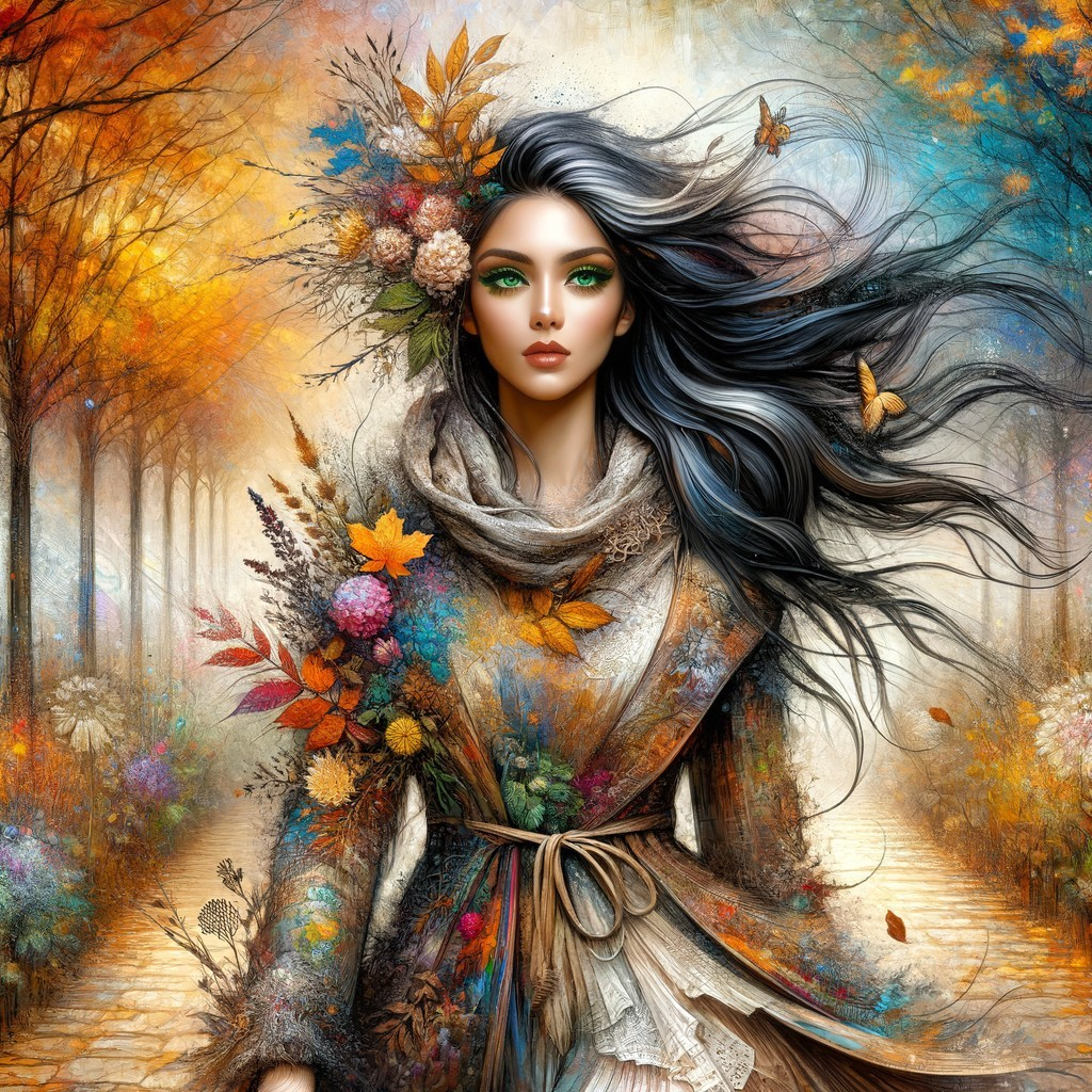 Woman in Autumn Landscape with Flowers and Butterflies