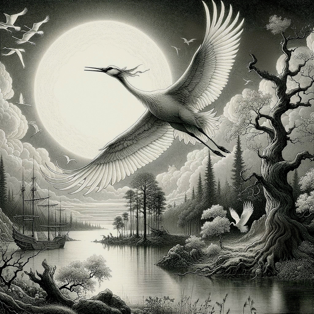 Cranes and Moonlit Landscape at Twilight