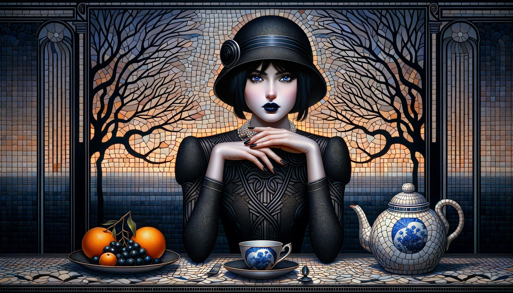 Mysterious Woman at Mosaic Table with Fruits and Teapot