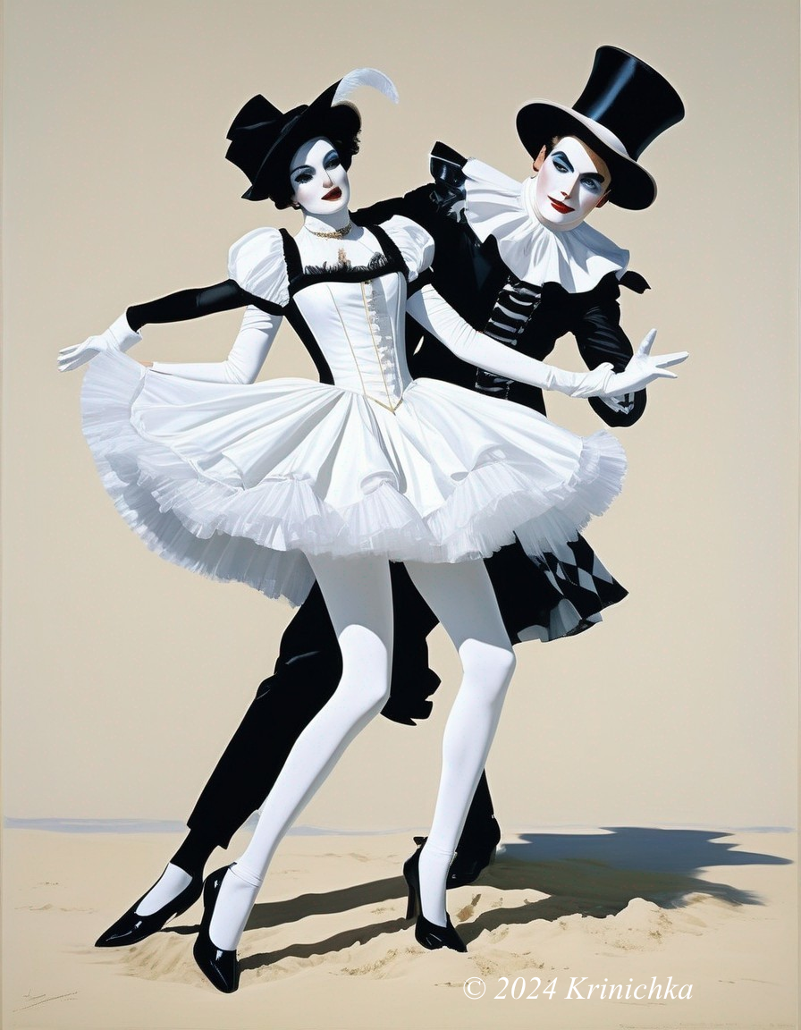 Performers in Black and White Attire on Sandy Backdrop