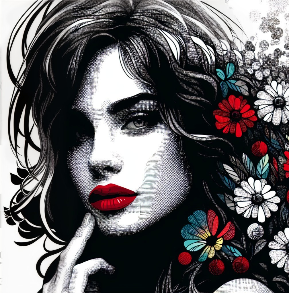 Close-up of a woman's face with floral accents