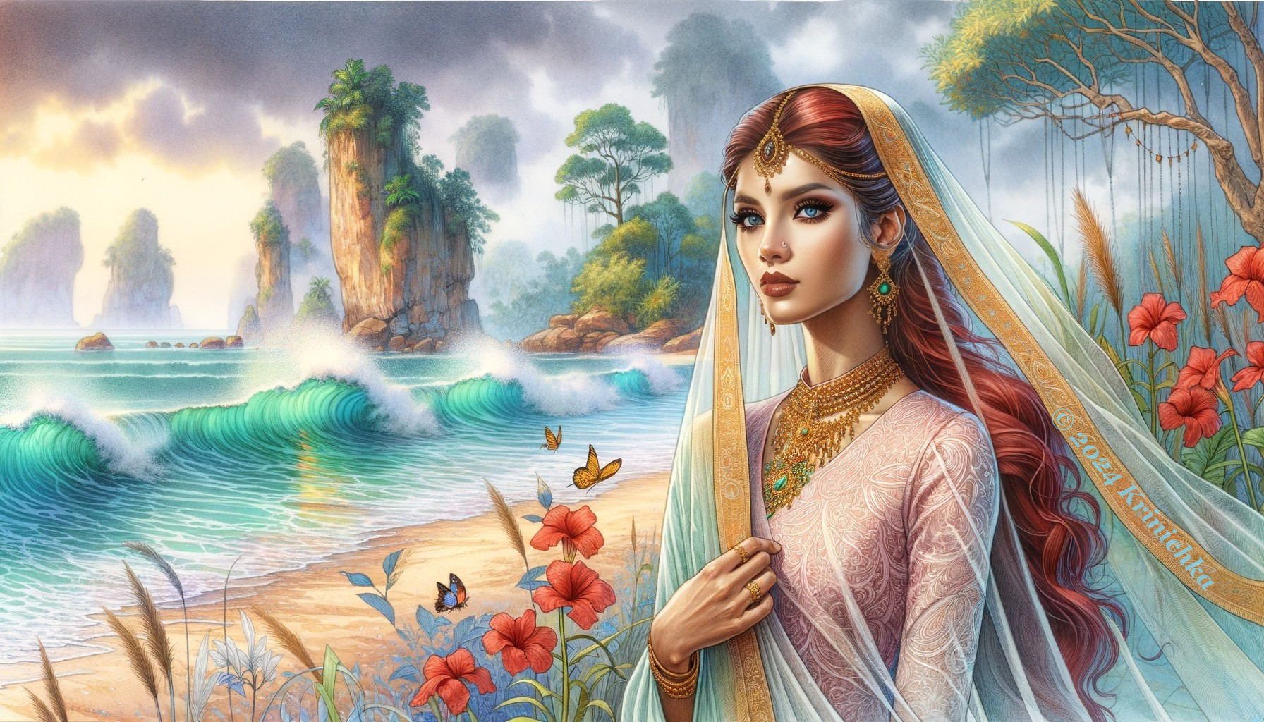 Woman in traditional attire by a tranquil beach scene