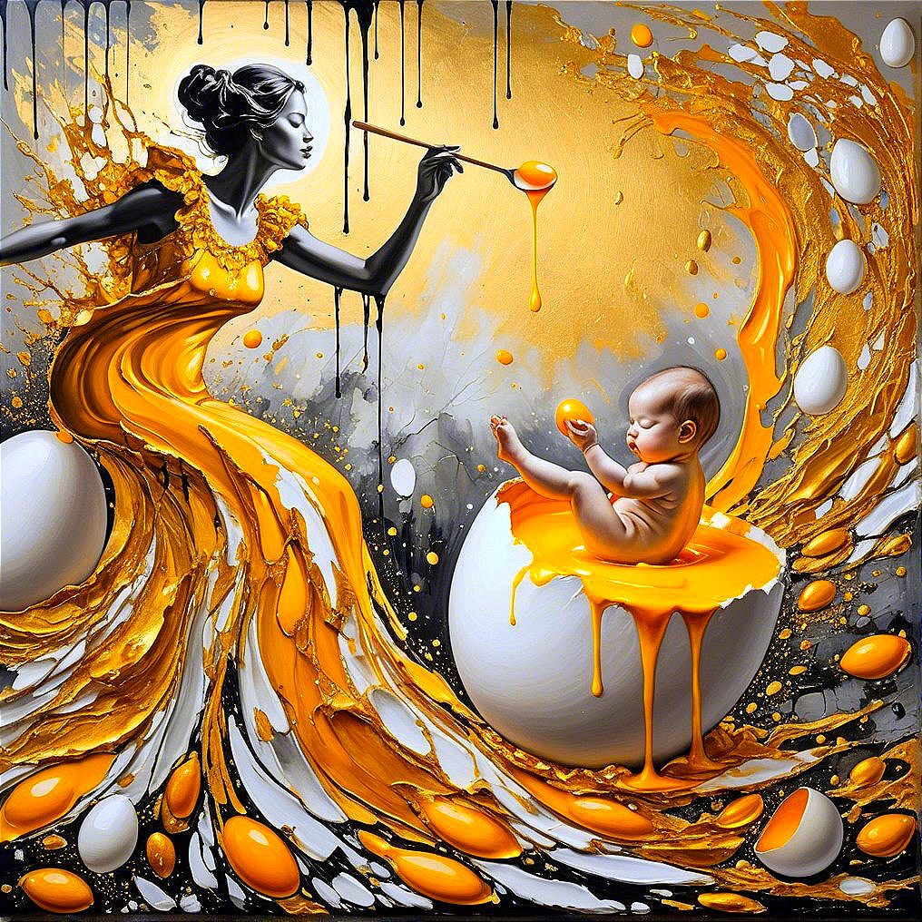 Surreal Painting of Woman in Yellow Gown and Baby