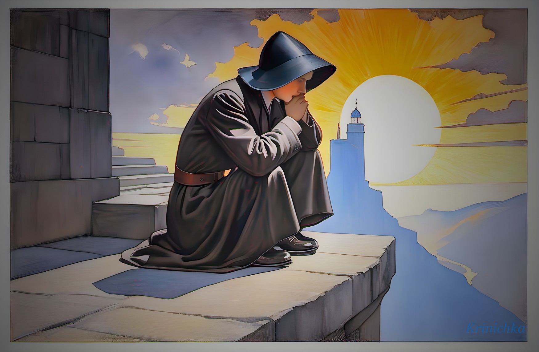 Illustration of cloaked figure on steps by sea at sunset with lighthouse