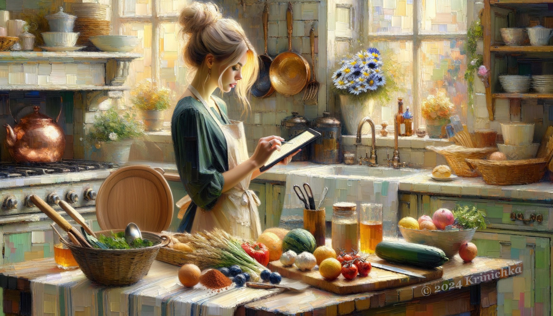 Woman in Rustic Kitchen Using Digital Cookbook
