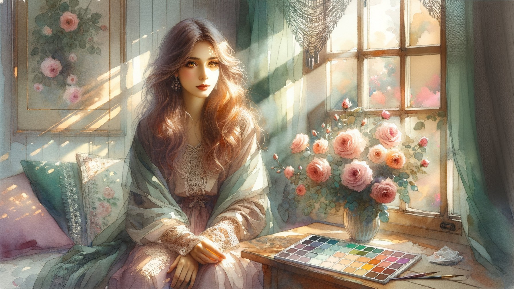 Indoor Scene with Woman by Sunlit Window