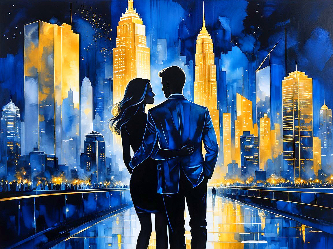 Couple Embraced Against Vibrant City Skyline at Night