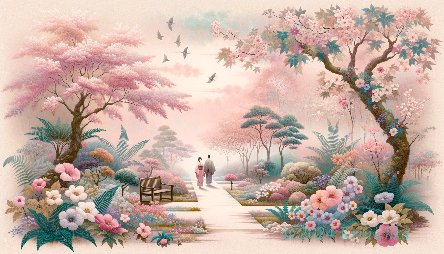 Pastel Garden with Trees, Flowers, and Couples Walking
