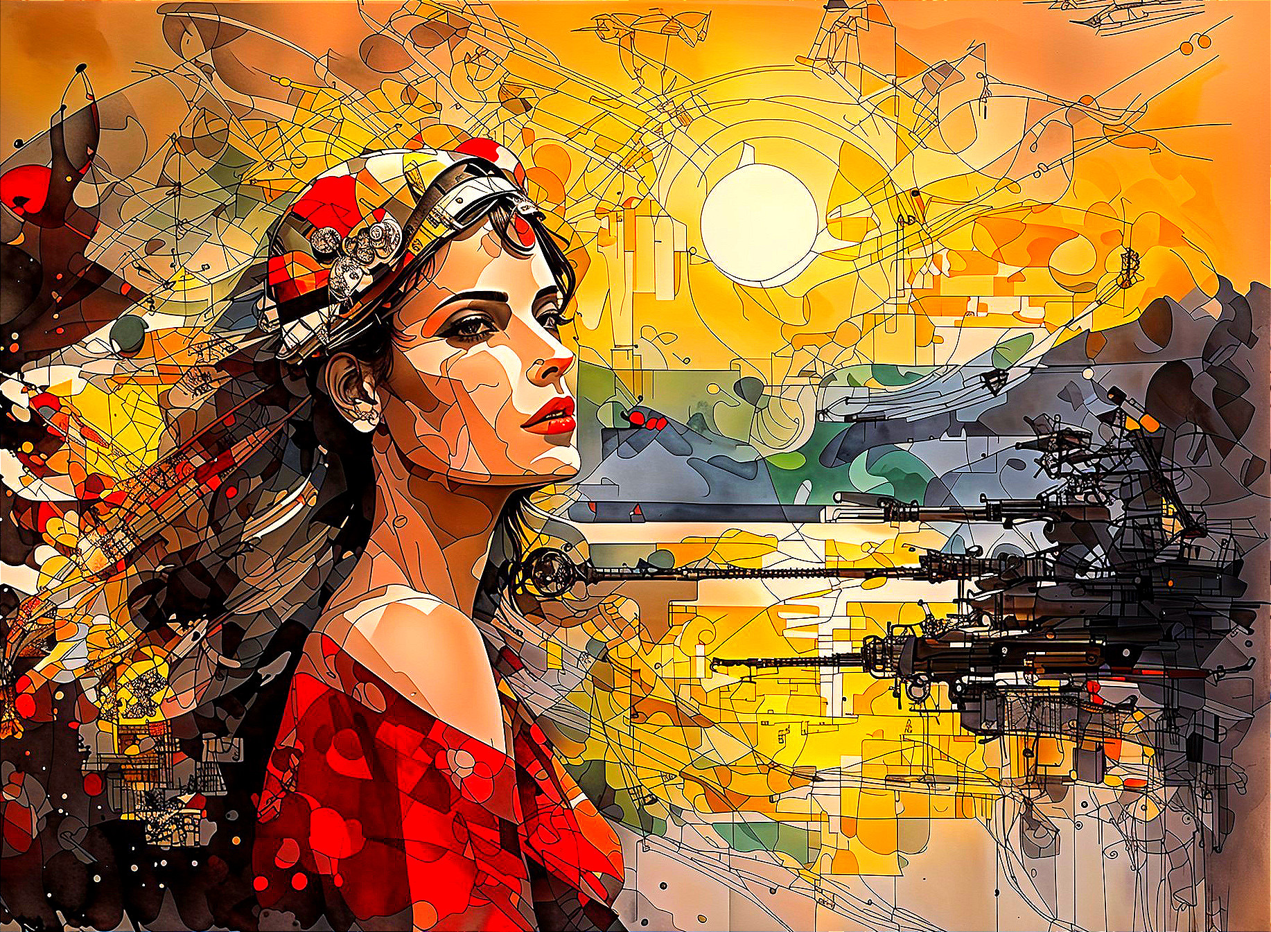 Profile of a Woman with Geometric Patterns at Sunset