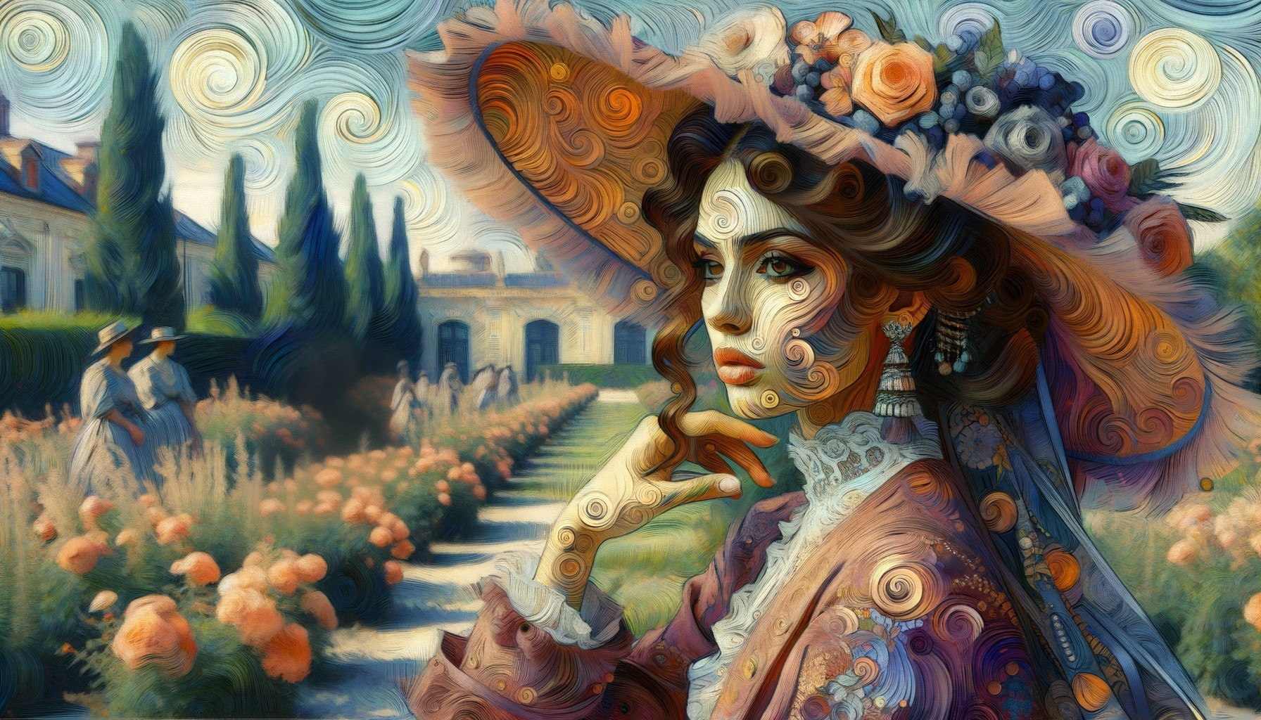 Young woman in ornate hat in a vibrant garden scene
