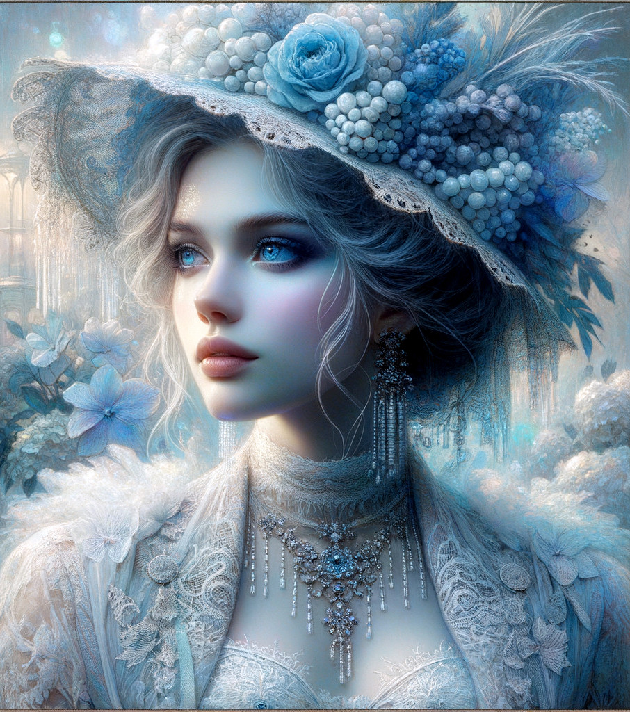 Portrait of young woman with pale skin, blue eyes, elaborate hat, lace attire, and ornate