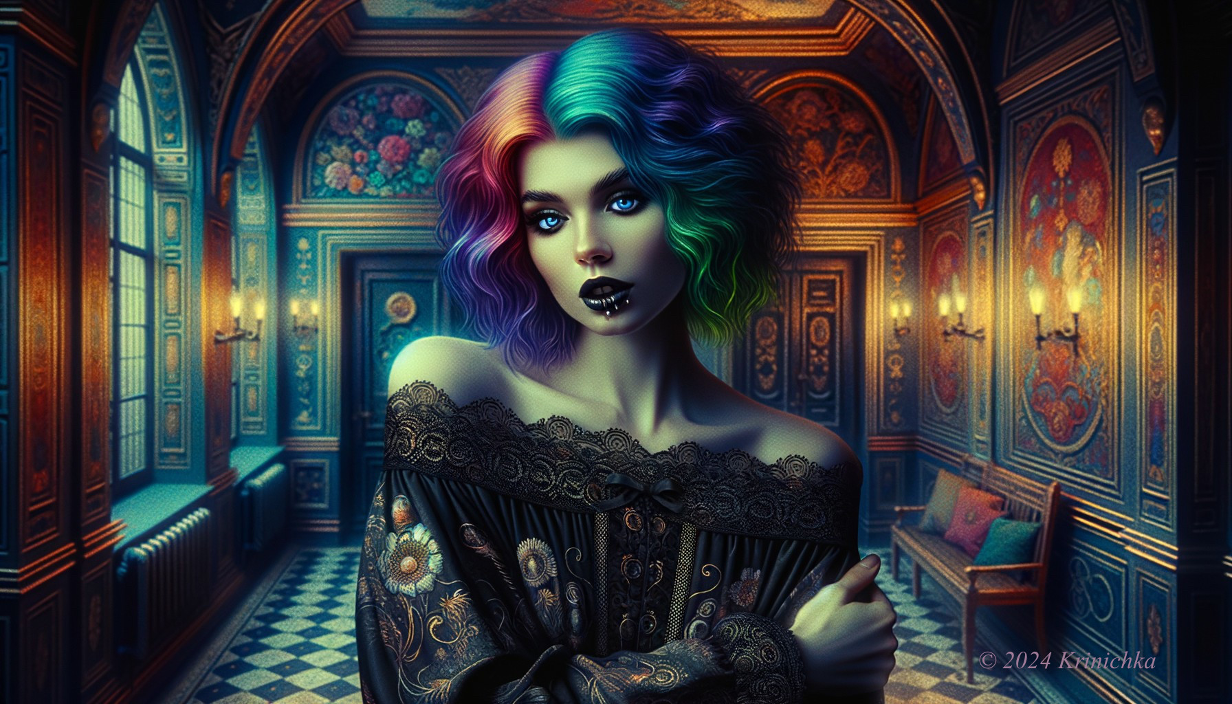 Vibrant portrait of a woman with rainbow hair in gothic corridor
