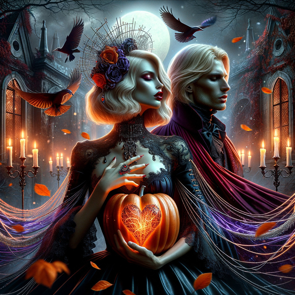 Gothic Scene of Pale Couple with Moonlit Backdrop