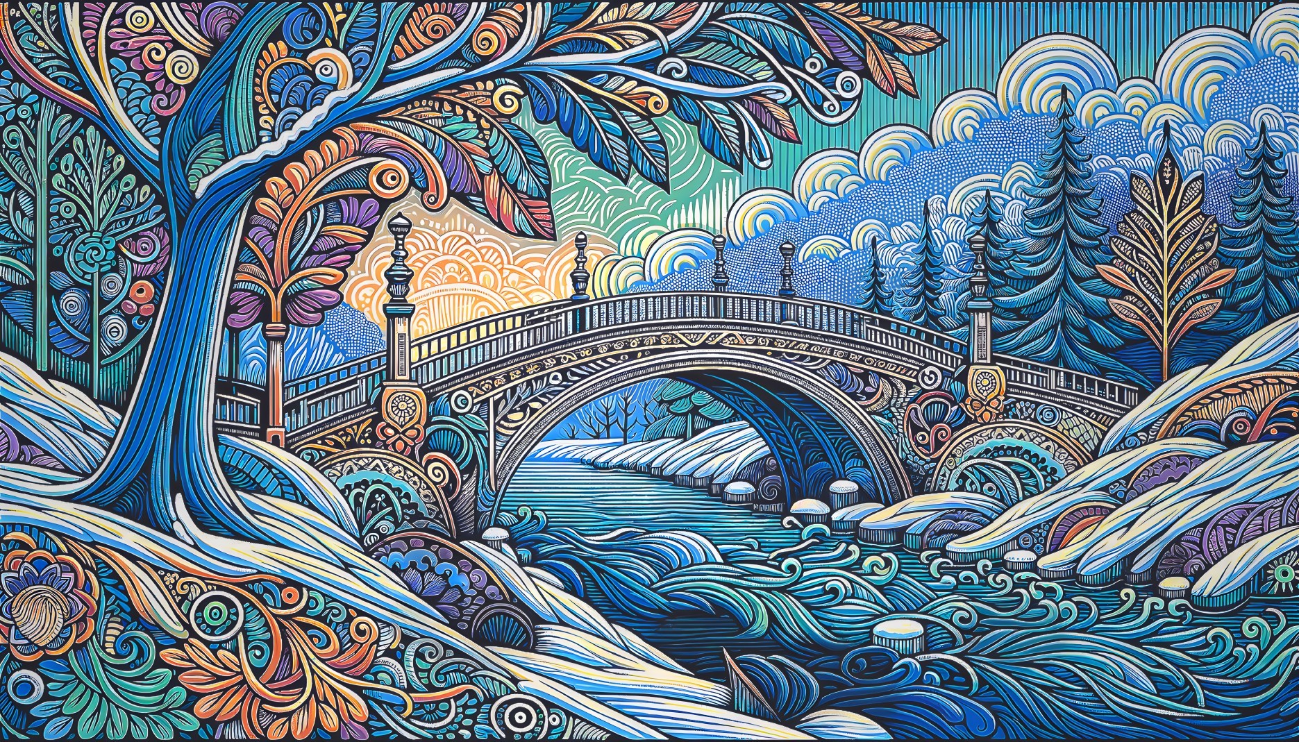 Colorful nature scene with bridge over swirling river & vibrant foliage