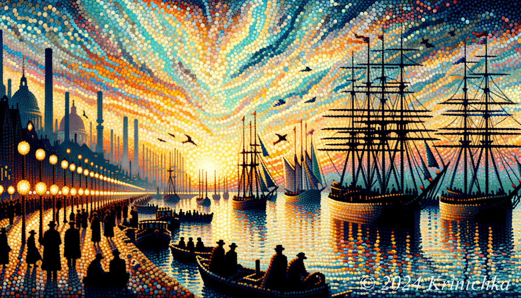 Pixelated Harbor Scene at Sunset with Sailing Ships