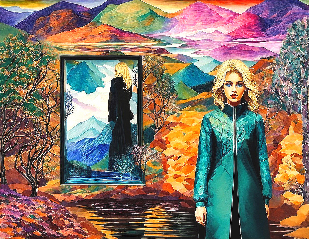 Colorful Landscape with Reflective Figure in Teal Coat